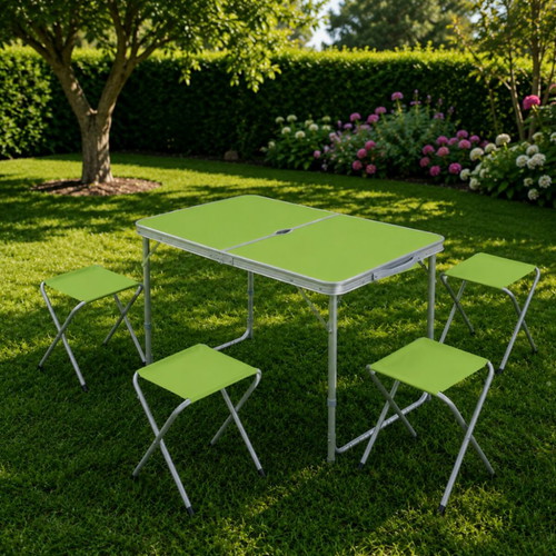 Folding table with 4 chairs and umbrella hole, green