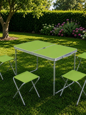 Folding table with 4 chairs and umbrella hole, green
