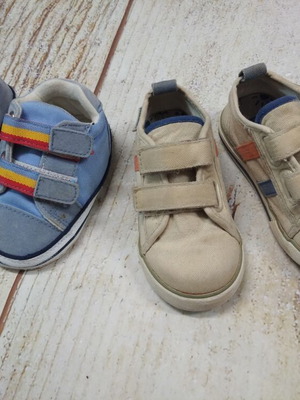 Baby shoes used, 2 pairs size 12 months and 21, with stencil figures gift