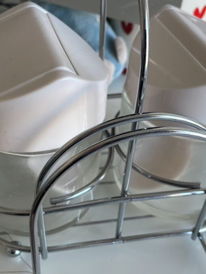 Serving set with two glass containers and metal stand like new