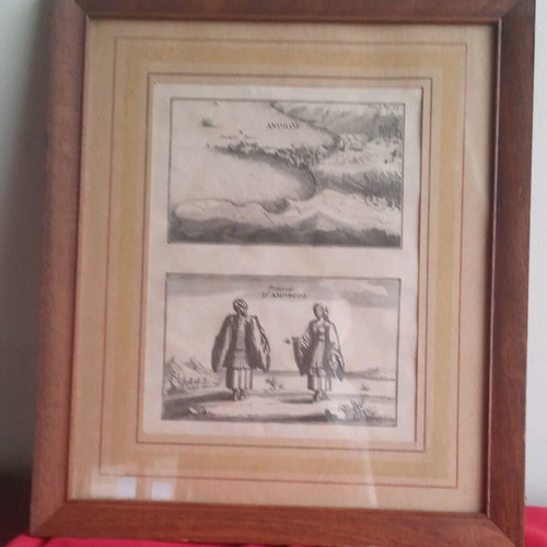 Engraving with Two Themes Femmes d'Amorgos and Old Port of Andros framed