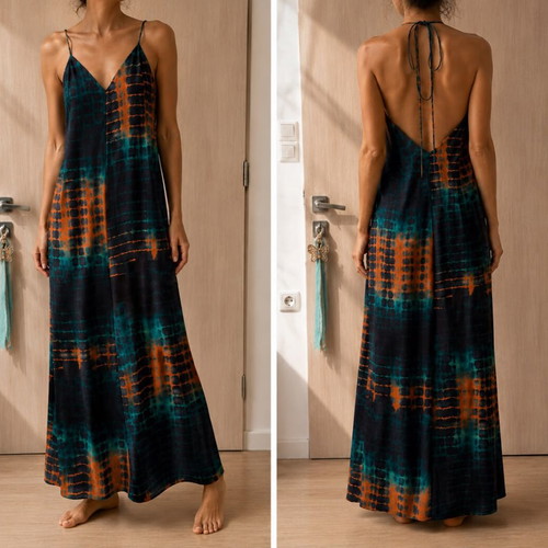 Maxi dress like new with open back, green and turquoise