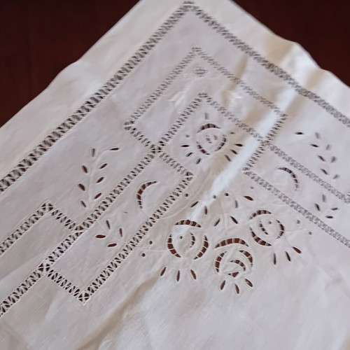Handmade white large cutwork tablecloth 1x1 French linen