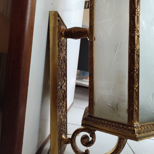 Vintage wall lamp with carved glass and golden metal frame like new