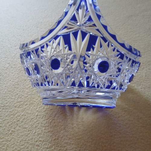 Bohemian crystal basket with cobalt blue cut-to-clear design