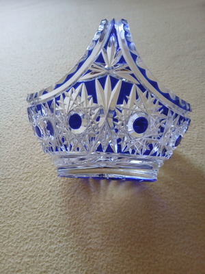 Bohemian crystal basket with cobalt blue cut-to-clear design