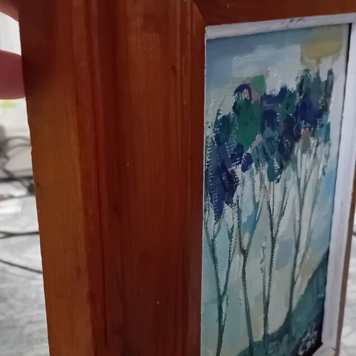 Original oil painting "Landscape in Blue" by Krasimir Doychev with wooden frame