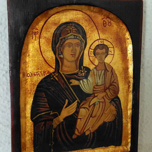 Handmade Panagia Odigitria icon with egg tempera on gold leaf