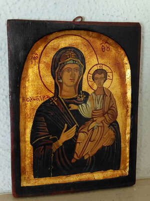 Handmade Panagia Odigitria icon with egg tempera on gold leaf