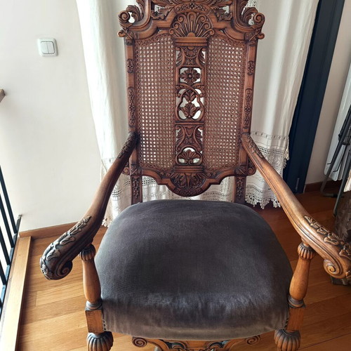 Vintage wooden armchair baroque style used, cane back, velvet seat