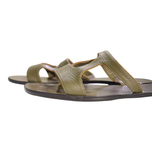 Zeus+Dione leather flat slides sandals used, khaki olive green H-strap IT 41