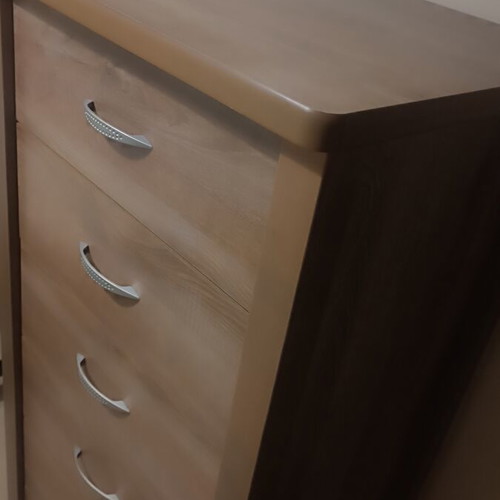 Wooden bedroom set with semi-double bed, nightstand, and chest of drawers