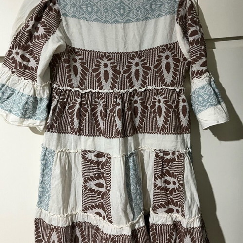 Boho embroidered linen dress new, beige with blue and brown patterns