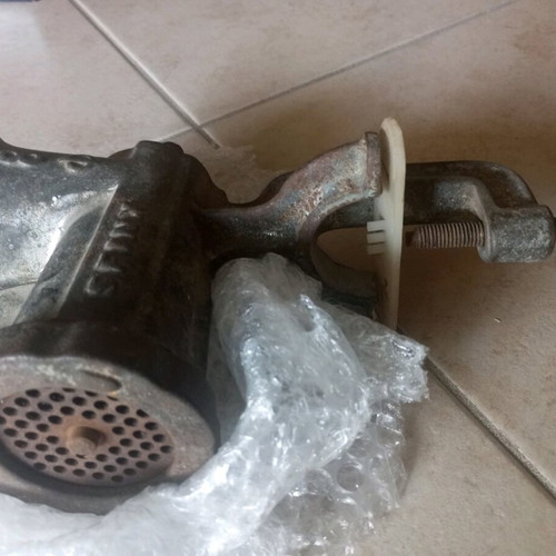 Vintage meat grinder used, iron manual kitchen tool
