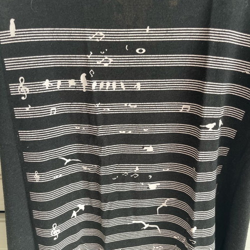 Sleeveless blouse used with musical staff and birds design, black-white, small/medium