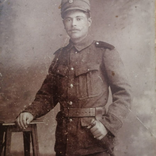 Soldier photo on cardboard used, with wear