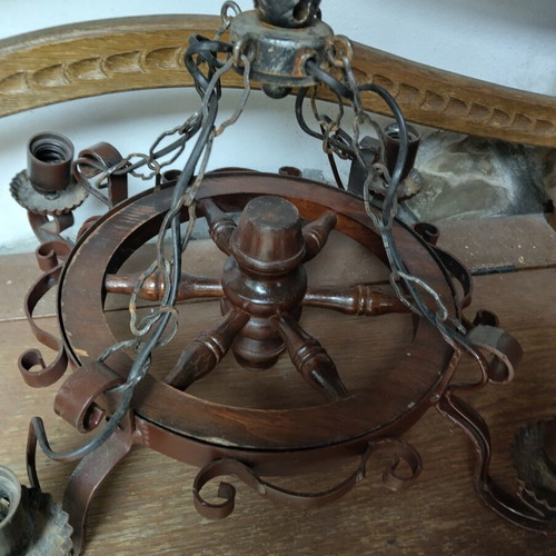 Chandelier made of wrought iron like new, rustic style with wood