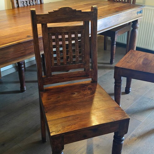 Indian Art Palace dining set, handmade solid wood with metal details