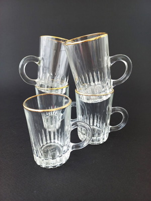 Set of 5 vintage shot glasses like new, glass with gold detail