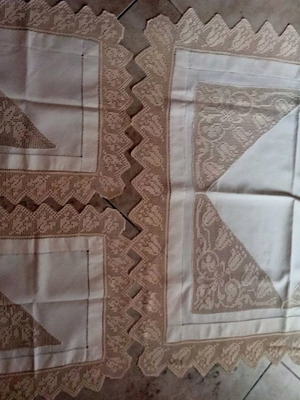 Handmade beige set with knitted corners and openwork on linen fabric new