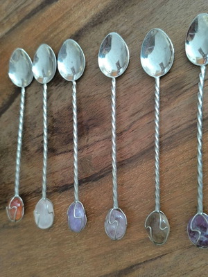 Set of six vintage spoons with semi-precious stones like new