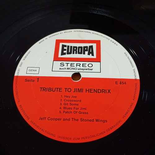 Jeff Cooper And The Stoned Wings Tribute To Jimi Hendrix Vinyl Record used, rock