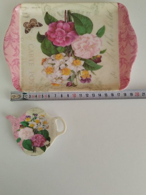 Plastic tray like new with small teapot-shaped dish