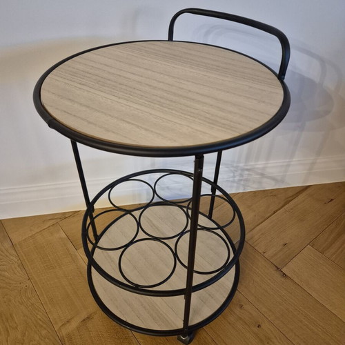 Bar trolley round with 7 bottle holders, like new, wood and metal