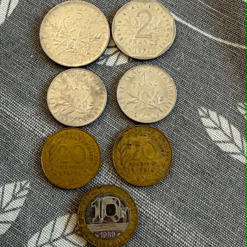 7 Vintage French Franc Coins, 1970-1989