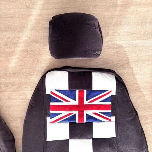 Mini Cooper front seat covers used, black and white checkered with Union Jack