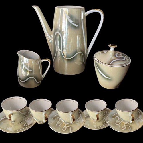 Vintage Bavaria 1960s coffee set 13 pcs, lusterware with gold