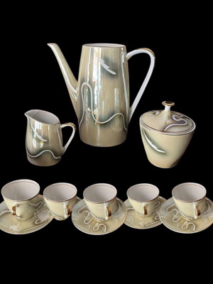 Vintage Bavaria 1960s coffee set 13 pcs, lusterware with gold
