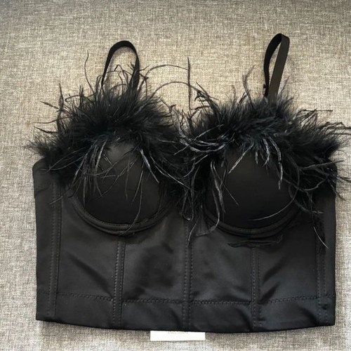 Black Corset Crop Top with Feathers Size M
