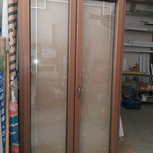 Aluminum balcony door brown with wooden profile and perimeter mechanism new