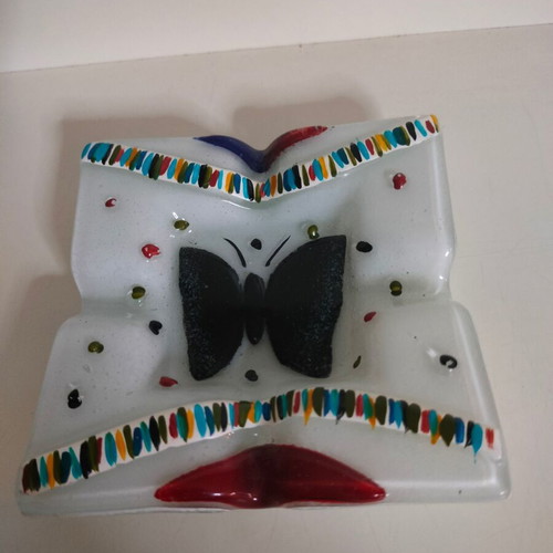 Glass white ashtray with painted details new