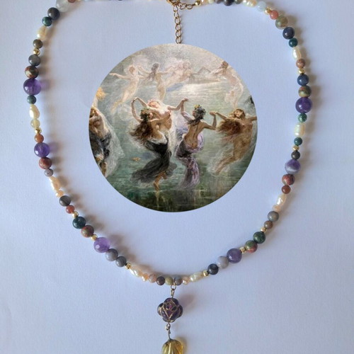 Dance of Nymphs handmade necklace with amethyst, aquamarine and agate steel new, multicolor