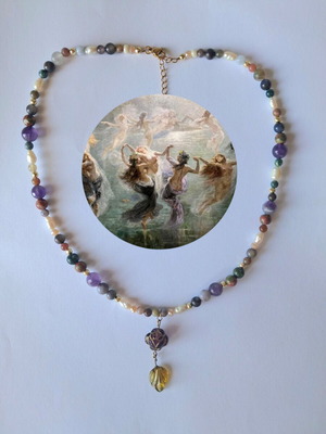 Dance of Nymphs handmade necklace with amethyst, aquamarine and agate steel new, multicolor