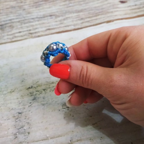 Macrame ring, handmade, blue and silver