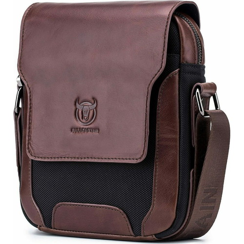 Bullcaptain men's shoulder bag genuine leather and oxford fabric