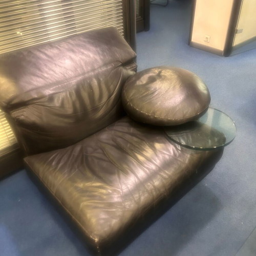 Leather living room set used, sofa, armchair and pouf