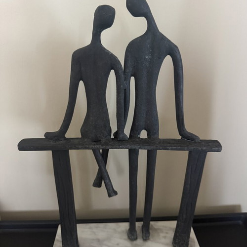 Modern Abstract Couple Sculpture used, black figurine on marble base