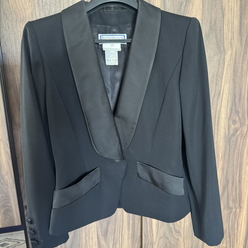 Yves Saint Laurent Variation black wool skirt suit with satin details FR 40