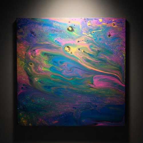 Aurora Cascade Vibrant Rainbow Fluid Acrylic Painting 70x70 cm new
