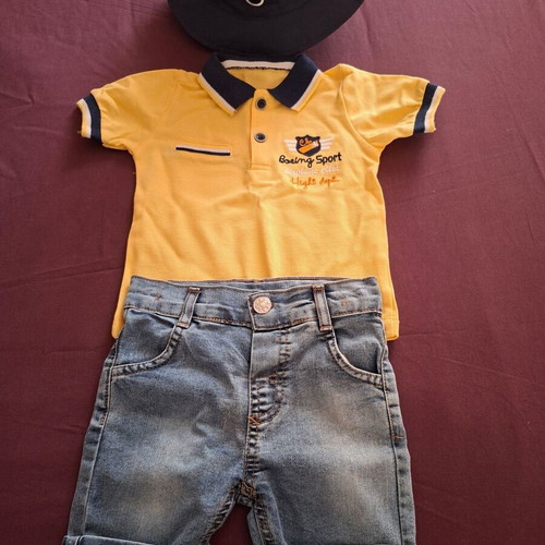 Baby set with jeans shorts, t-shirt, hat and pajamas new