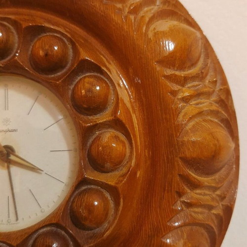 Wooden wind-up Junghans wall clock carved handmade like new