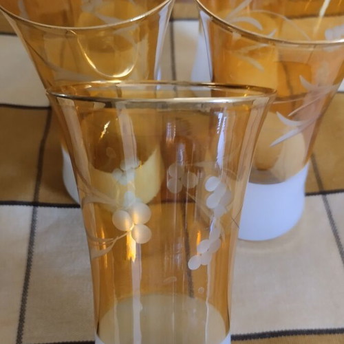 Vintage glass set of 5 with amber glass and white satin base like new