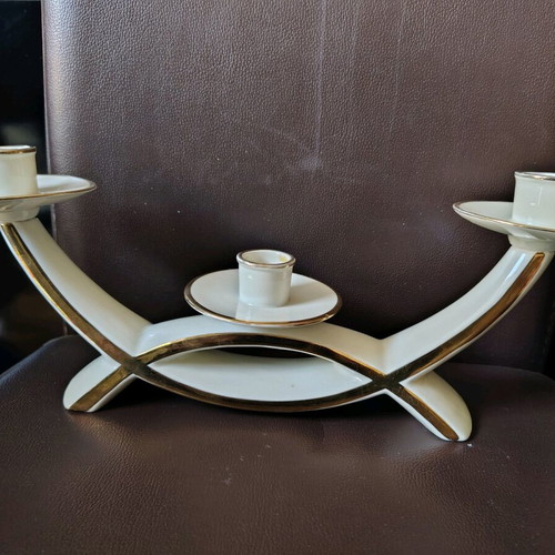 Triple candlestick with porcelain and gold lines like new