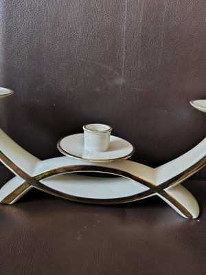 Triple candlestick with porcelain and gold lines like new