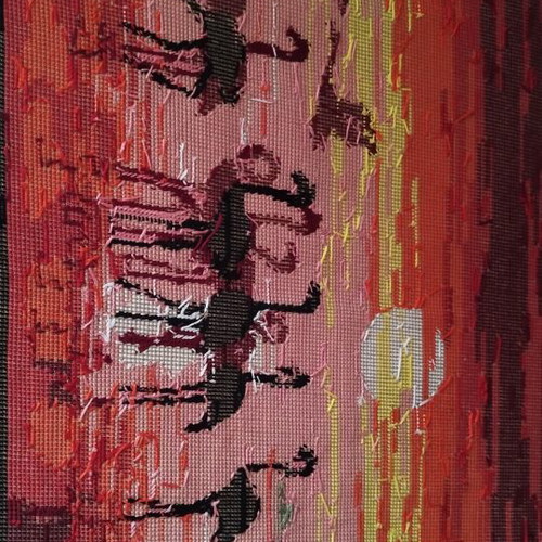 Handmade embroidery flamingo at sunset textile panel like new