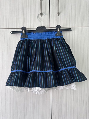 Girls' skirt used, black fabric with blue metallic stripes and lace, 4-5 years